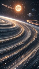 A shimmering asteroid belt drifts through a vast expanse of space, shimmering with cosmic dust and surrounded by glowing celestial bodies. This awe-inspiring image