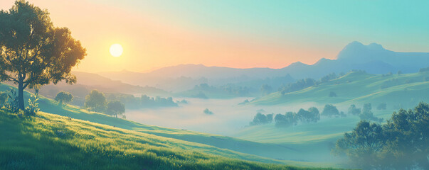 Serene pastoral landscape with rolling green hills and trees at sunrise with golden light