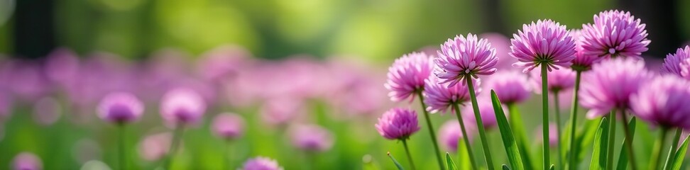 Obraz premium Forced perspective view of blooming Chives Allium schoenoprasum plants, fresh, herbs