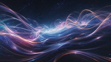 Abstract tendrils of iridescent cosmic energy pulsate through the vast, dark expanse of deep space, casting an ethereal glow against the backdrop of endless night. This mesmerizing phenomenon creates 