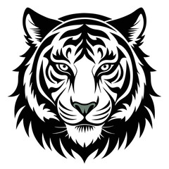 Black Tiger Head Silhouette Vector Illustration. Fierce Tiger Face in Monochrome Art Style, Ideal for Logos, Tattoos, Stickers, Emblems, and Minimalist Wildlife Graphic Design on White Background