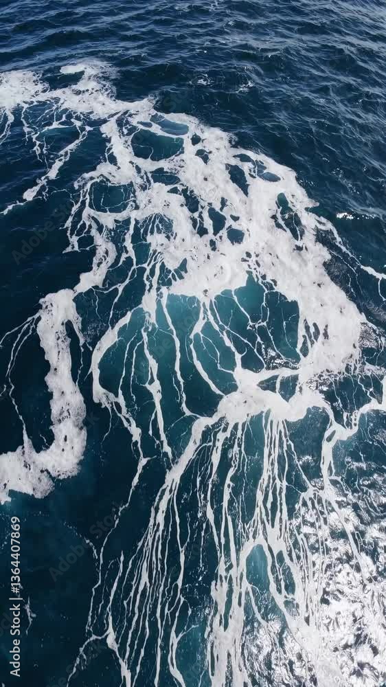 Poster aerial video captures swirling ocean currents with white foam patterns, showcasing dynamic movement 
