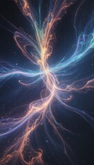 Abstract tendrils of iridescent cosmic energy pulsate through the vast, dark expanse of deep space, casting an ethereal glow against the backdrop of endless night. This mesmerizing phenomenon creates 