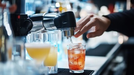 A person using a robot bartender to mix cocktails, modern bar setting with robot preparing drinks with precision, High-tech style