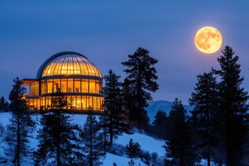 Fototapeta premium Modern glass dome house glowing under full moon in winter forest