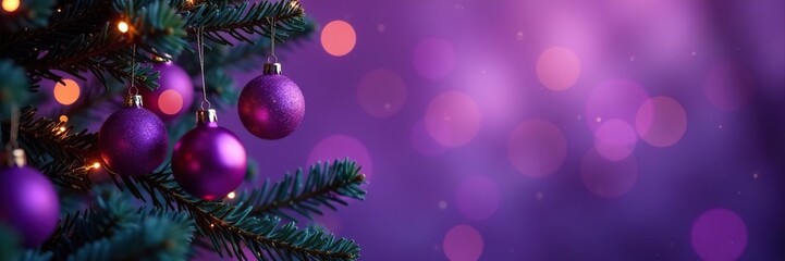 Christmas tree branch adorned with purple ornaments and glowing fairy lights on a purple background with bokeh effect, holiday banner with copy space,  background, Christmas