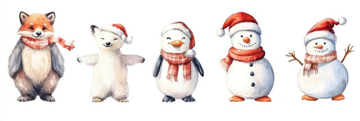 Obraz premium Watercolor Winter Animals Fox, Bear, Penguin, Snowman in Santa Hats,Holiday ,Cartoon