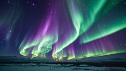 In the mesmerizing scene, swirling ribbons of vibrant green and purple Northern Lights dance across a vast cosmic expanse, framed by a backdrop of twinkling stars and distant galaxies. 