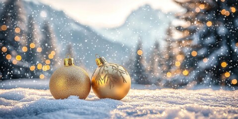Golden Ornaments in Snow A Winter Holiday Scene with Bokeh Lights and Snowy Mountain Backdrop, Holiday , Winter