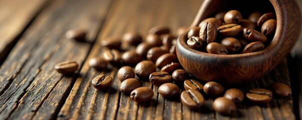 Freshly roasted coffee beans displayed on a rustic oak wood background,  caffeine,  dark