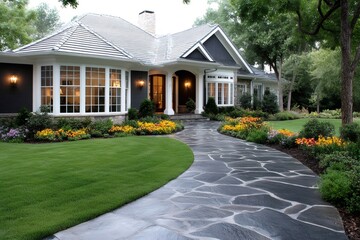 Beautiful suburban house with flagstone walkway and landscaping