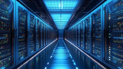 Fototapeta premium Blue Server Room Perspective Data Center Infrastructure , Data, Servers