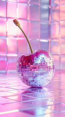 Futuristic disco cherry in vibrant metallic and pink tile background