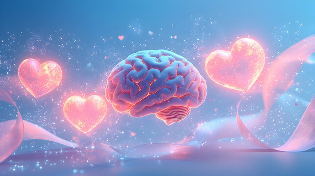 A clean pastel gradient with glowing floating hearts, minimal abstract brain outlines and soft ribbons promoting calmness - Powered by Adobe