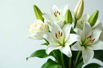 Obraz premium Fresh white flowers, such as lilies and roses, are elegantly intertwined with vibrant green leaves in a stunning bundle arrangement, green, fresh