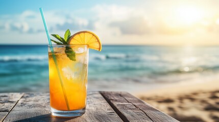 Refreshing tropical summer drinks with citrus fruits and mint leaves served in clear glasses on a wooden table by the beach with a bright ocean backdrop, perfect for holiday and vacation concepts.