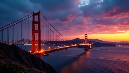 Obraz premium Golden Gate Bridge standing tall under a dramatic sunset sky with the lights of San Francisco starting to twinkle in the background, dusk, iconic