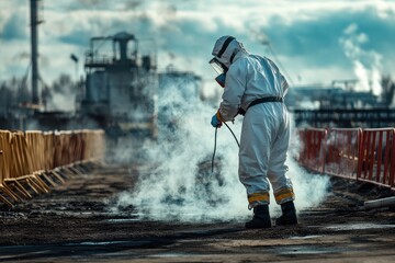 Man in hazmat suit works on toxic waste near a factory, outdoors. Perfect for depicting pollution control, industrial safety, or biohazard.