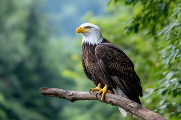 Majestic bald eagle perched on a branch, observing the surroundings