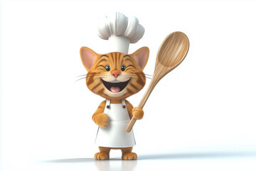 Obraz premium A cute and plump 3D cartoon cat mascot with soft orange fur, dressed as a professional chef in a white apron and tall chef’s hat, holding a wooden spoon and smiling cheerfully