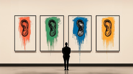 for ear, A flat digital artwork in a minimalist, modern style. The image is divided into four equal rectangular sections. Within each section, a simple, identical ear shape is positioned centrally, co