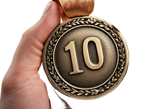 Hand Holding Bronze Medal with Number 10 on a Transparent Background
