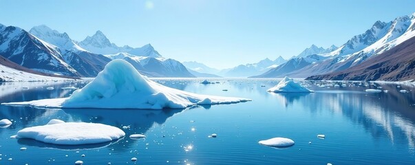 Frozen bay with large ice floe surrounded by mountains and clear blue skies,  cold,  bay