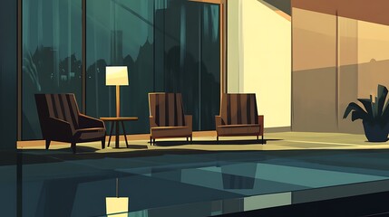 Modern lounge with poolside sunset.