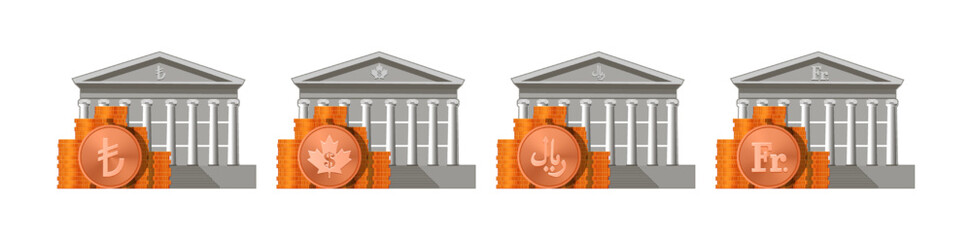 Vector set of detailed financial icons. Stacks of bronze coins. Symbolic classic gray central bank building with columns. Turkish lira, Canadian dollar, Arab riyal and Swiss frank. Economics