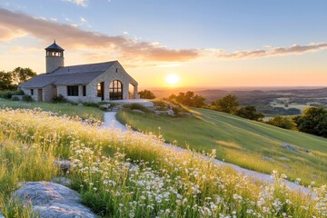 The Flint Hills Discovery Center overlooking the scenic Kansas landscape during a beautiful sunset