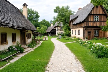 Tourists walking on cobblestone path in traditional Romanian village museum