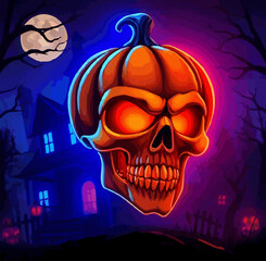 abstract illustration devil house pumpkin bat light blue red fire halloween tree vector silhouette