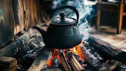Old Metal Teapot on Wood Fire with Smoke &ndash; Authentic Rural Lifestyle Scene
