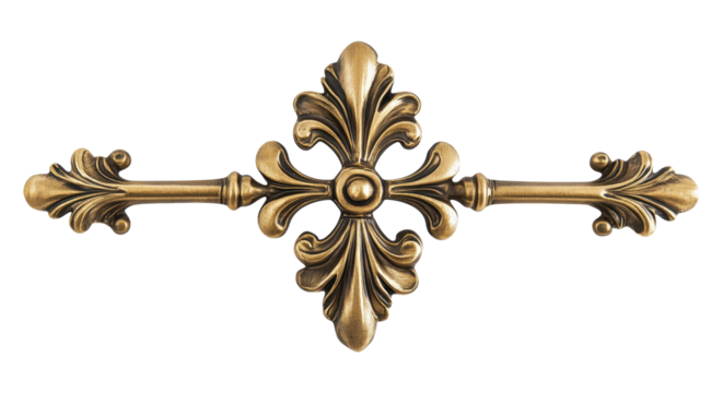 A gold and silver decorative piece with a flower design. It is a long piece of metal. It is on a white background