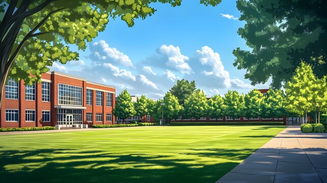 A picturesque illustration of a sunny college campus showcasing a large green lawn, brick buildings, and lush trees on a beautiful day.