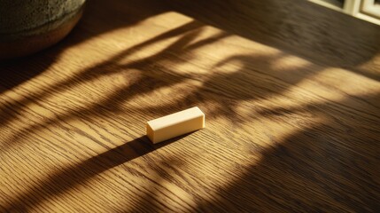 A small wooden block rests on a sunlit wooden surface