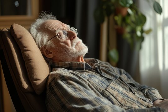 Elderly man with glasses relaxing in a chair, enjoying the sunlight. It shows relaxation, peacefulness, or time for reflection in old age.