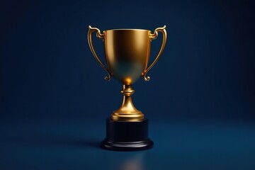 Fototapeta premium Golden trophy cup on dark blue background centered with gleaming reflection, first place, golden
