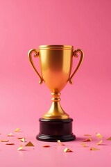 Fototapeta premium Golden trophy with confetti scattered around on a vibrant pink background, shiny, top