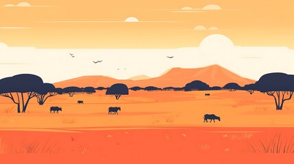 Naklejka premium African savanna sunset landscape.
