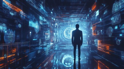 Futuristic Businessman in Data Visualization Tunnel