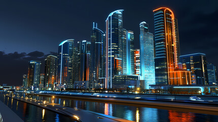 Obraz premium Modern Cityscape at Night with Illuminated Towers