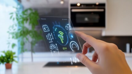 A person using a smart assistant to manage home energy usage, modern home with digital display showing energy consumption data and adjustments, High-tech style