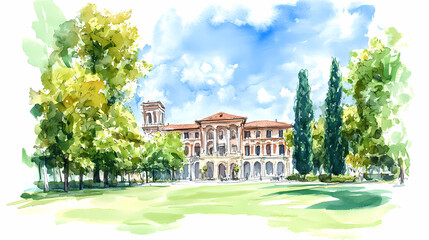 Obraz premium Watercolor Sketch of a European Building and Park