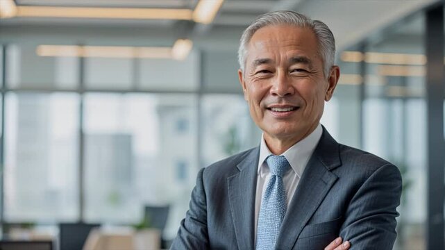 A confident old man smiling and crossing his arms in a professional office environment. Success and institutionalization. 