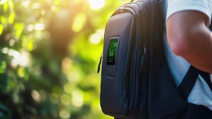 A person using a smart backpack to charge devices while traveling, outdoor environment with digital display on backpack showing charging status and power levels, High-tech style
