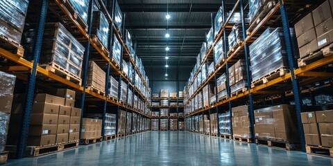 Fototapeta premium A spacious warehouse filled with neatly stacked boxes on shelves, illuminated by overhead lights, showcasing organized industrial storage.