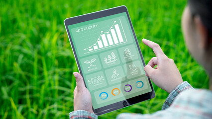 Farmers use agricultural technology in data analysis tablets and image icons. New technologies in...