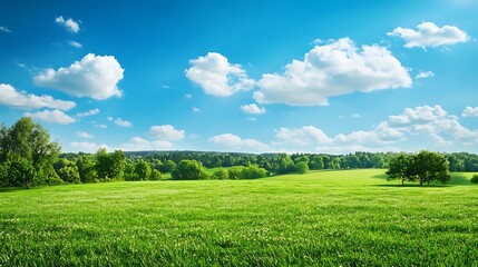 Obraz premium Green meadow under blue sky with white clouds. Spring landscape.