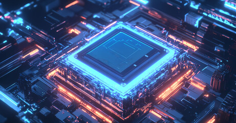 Intricate Circuit Board with Illuminated Processor
